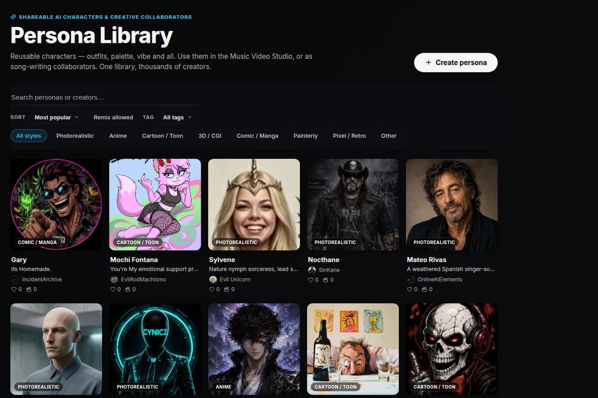 The AI PLAY Persona Library, a grid of AI character cards in different art styles