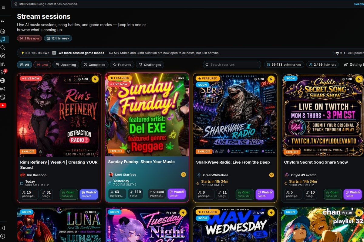 The AI PLAY stream sessions page, showing live and upcoming AI-music sessions as colourful cards