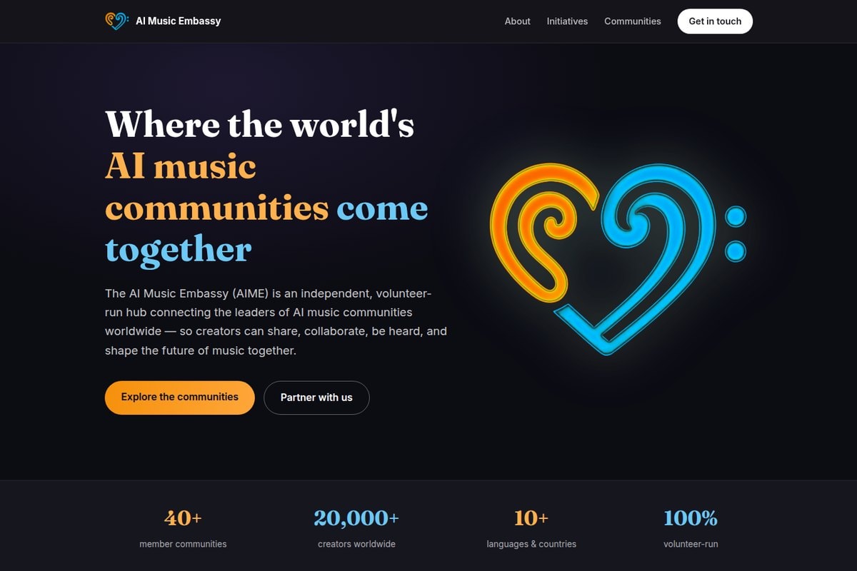 The AI Music Embassy homepage, with a neon treble-and-bass-clef heart logo