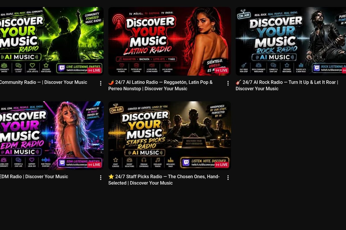 The Discover Your Music YouTube channel showing several 24/7 AI radio live streams